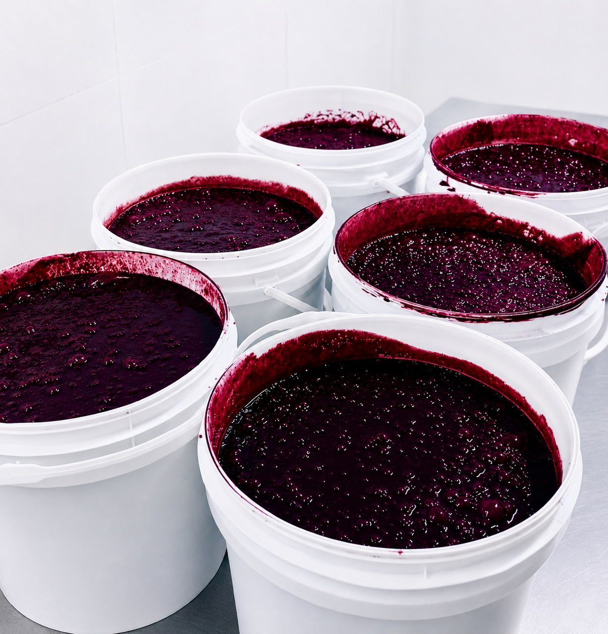 Baldes de açaí selecionados para distribuição